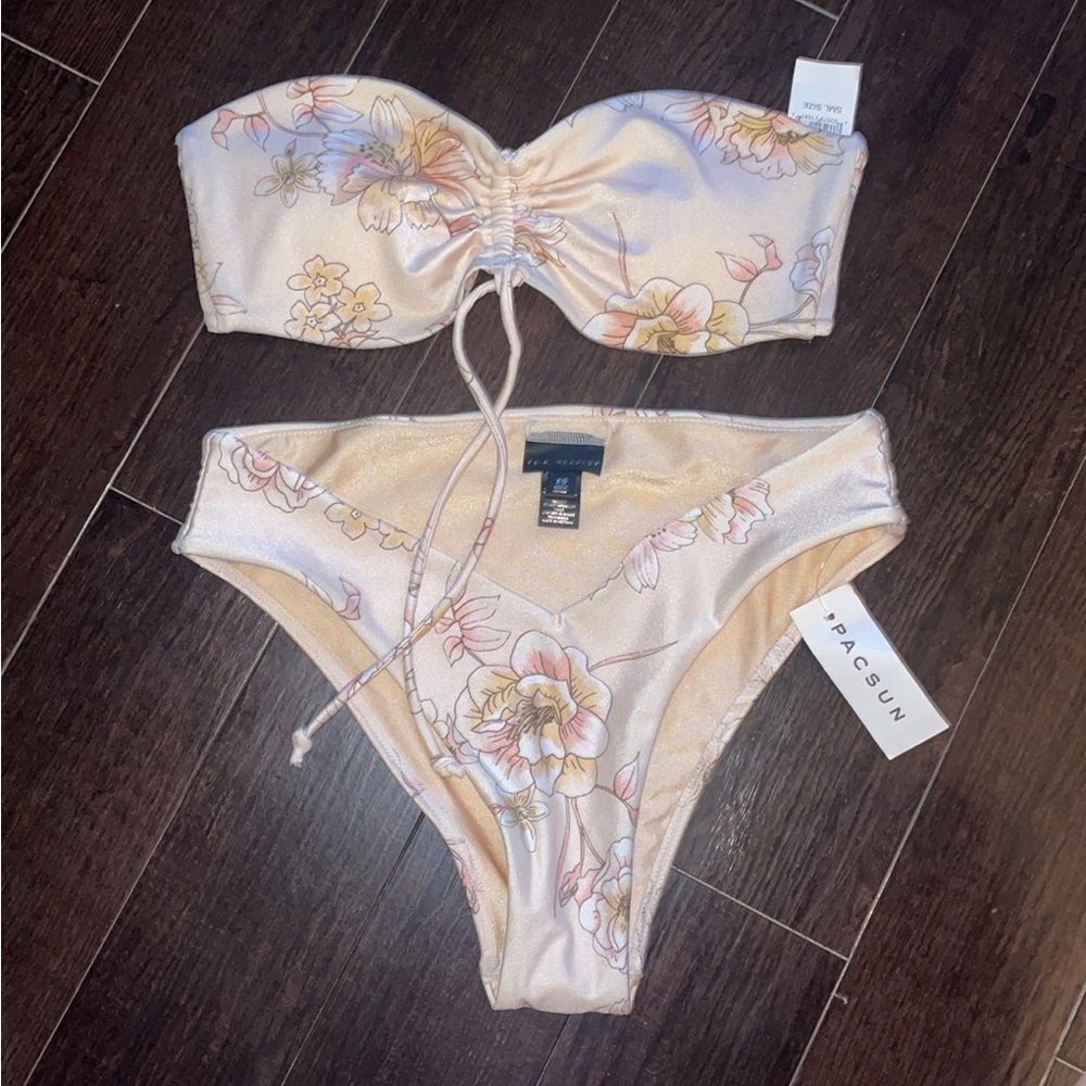 PacSun Floral Bandeau Bikini - Cream and Pink